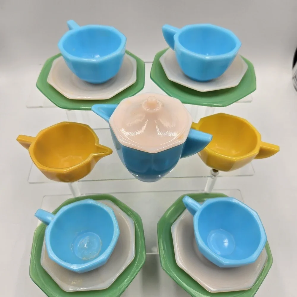 Antique Akro Agate Play Time 16 Piece Gypsy Slag Glass Children Tea Set Complete